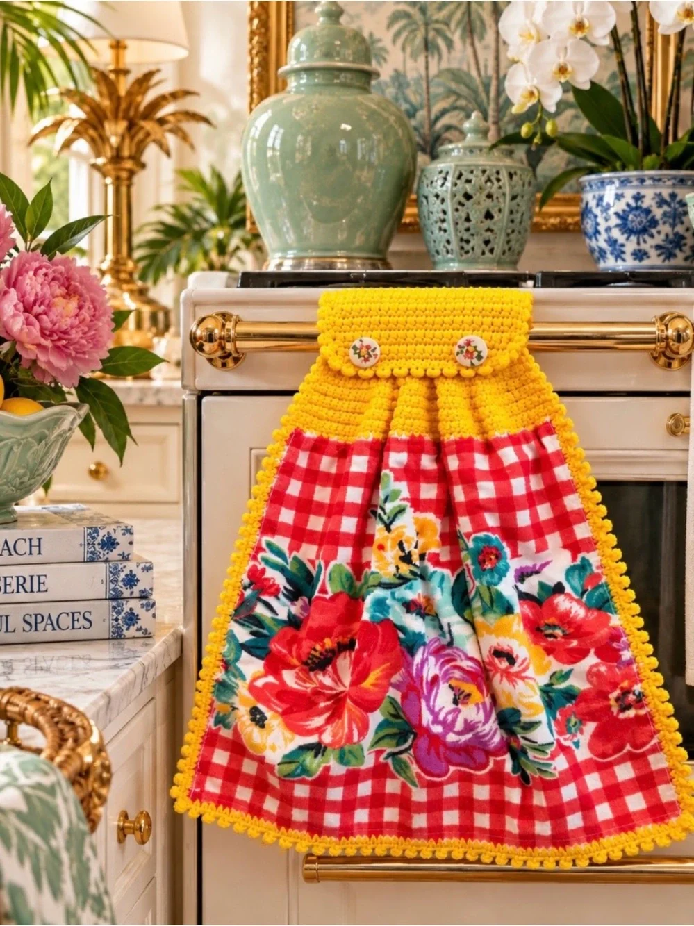 Pioneer Woman Floral Gingham Crochet Hanging Kitchen Towel